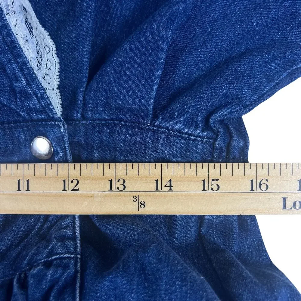 Vintage 80s Denim Prairie Dress Lace Collar M/L Cottagecore Coastal Cowgirl Midi - Picture 11 of 12